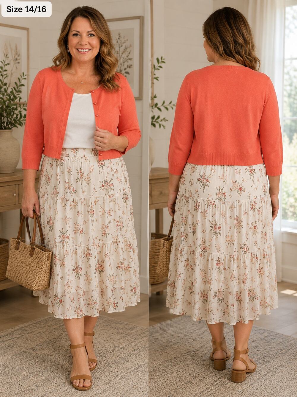 Cato Woman 14/16 Coral Cropped Cardigan 3/4 Sleeve Button Front Light Sweater